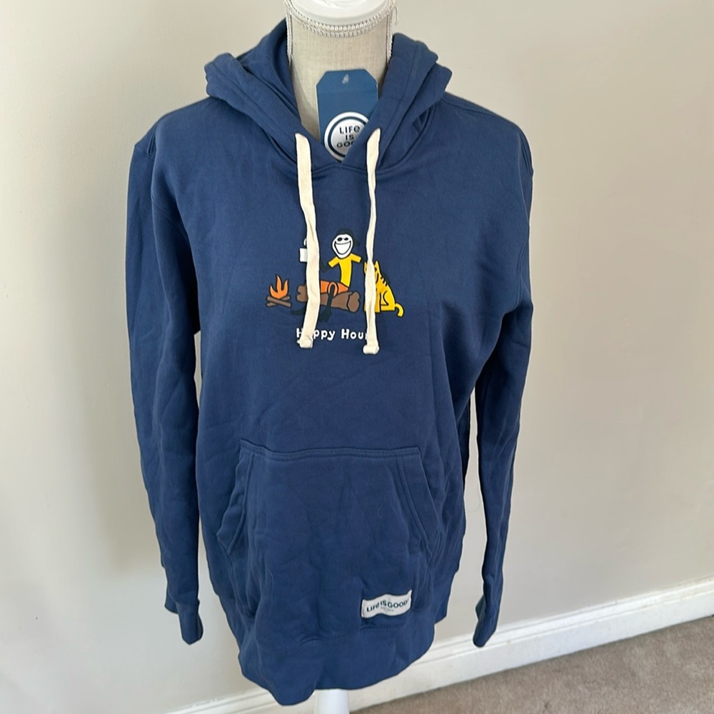 Life is Good NEW Blue Hooded Sweatshirt Small “Happy Hour” Camping with Dog